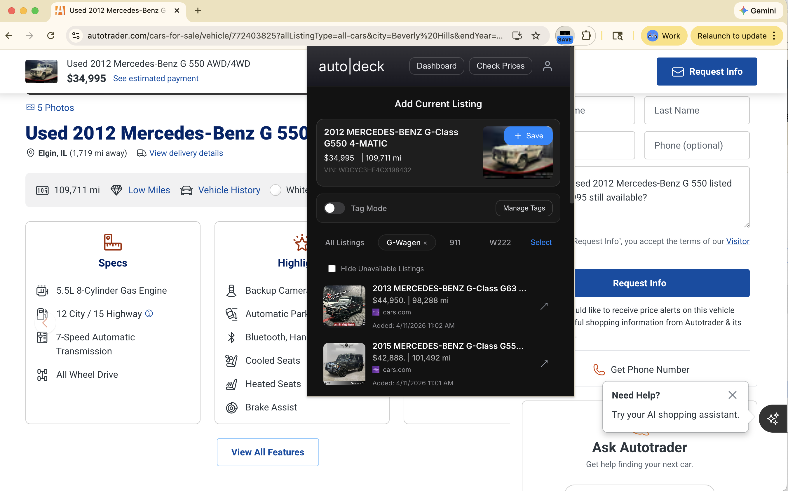autodeck extension popup showing organized listing groups