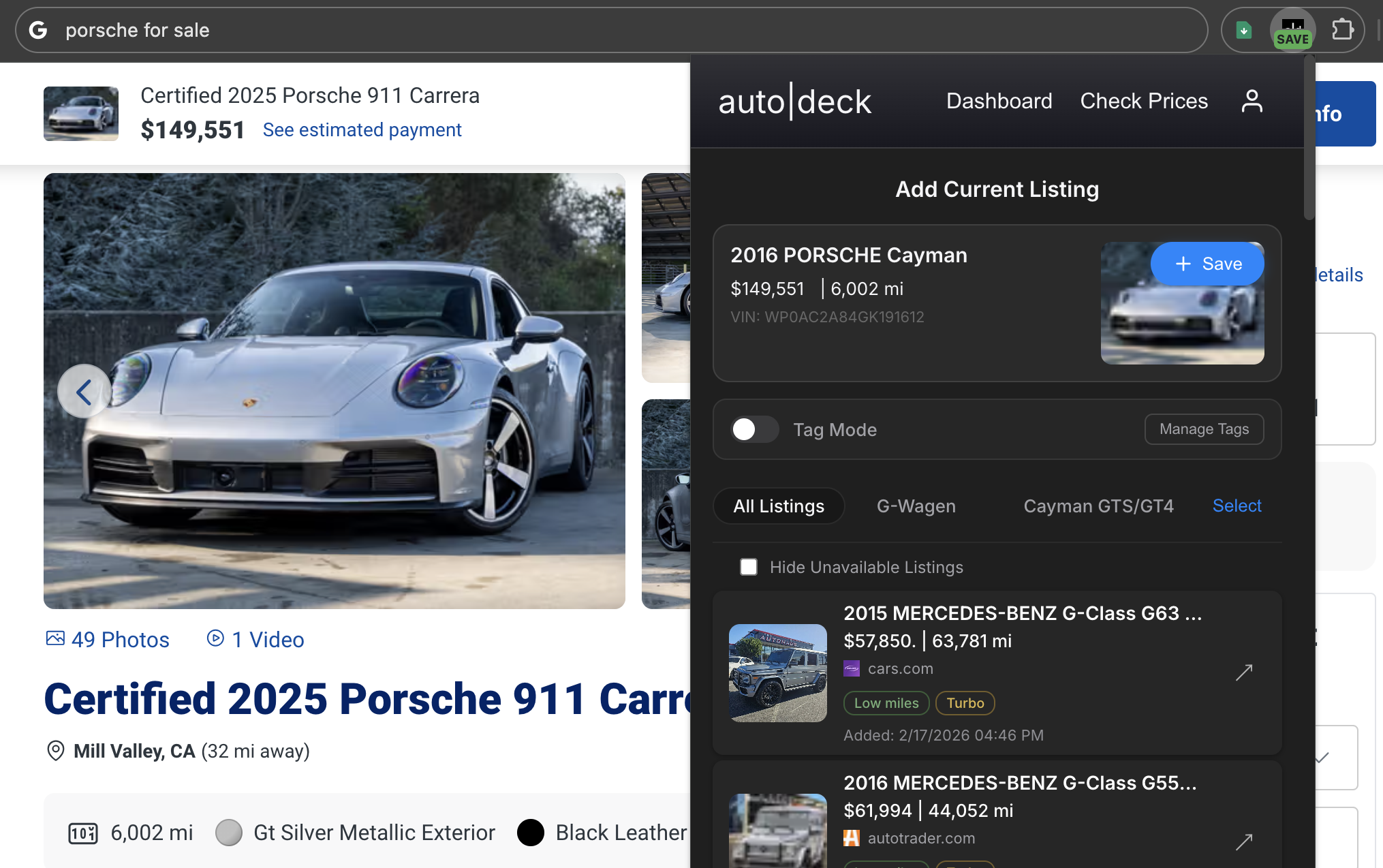 AutoDeck Save pill visible on a car listing page